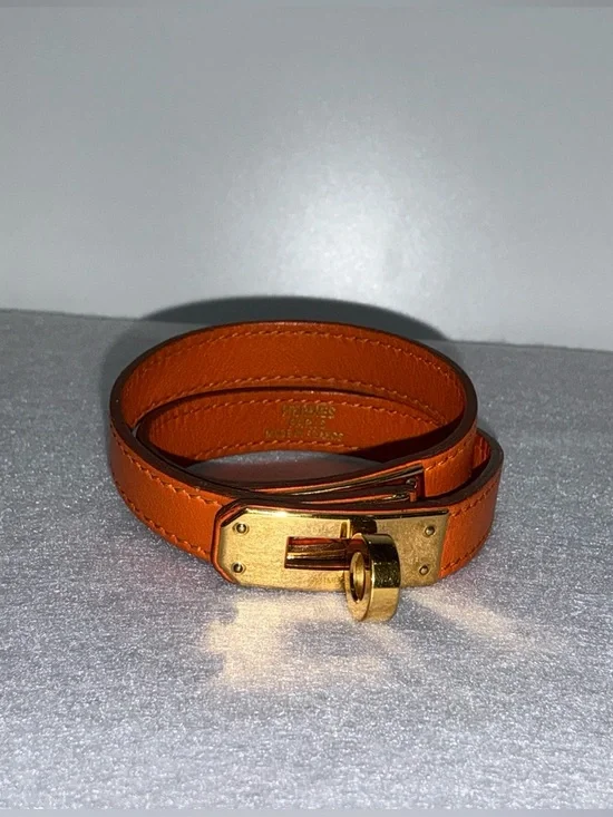 Hermes Kelly Double Tour Leather Bracelet Orange Gold Leather Bracelet - Picture 7 of 13